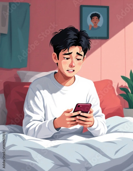 Obraz Flat illustration of sad dark-haired boy holding smartphone in hands. Man in bed scrolling feed on smartphone. Concept of digital addiction, loneliness, and technology overuse among children