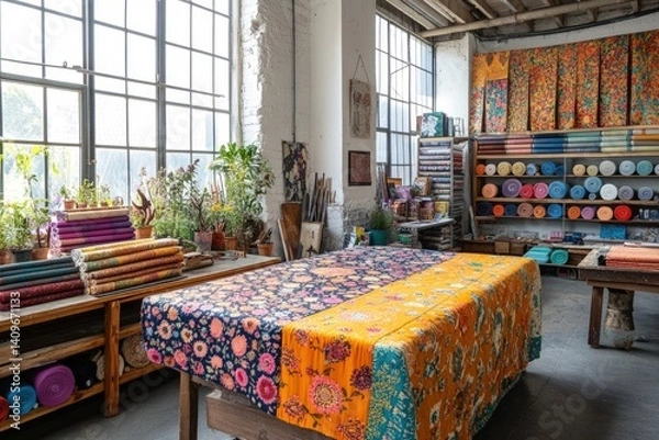 Fototapeta Interior view of a textile workshop with colorful fabrics and natural light.
