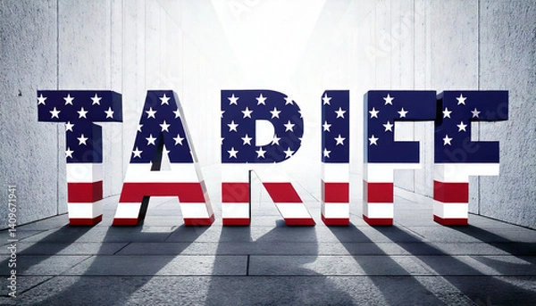 Fototapeta The term "tariffs" in bold 3D letters, overlaid with the American flag, standing imposingly and casting a distinct shadow