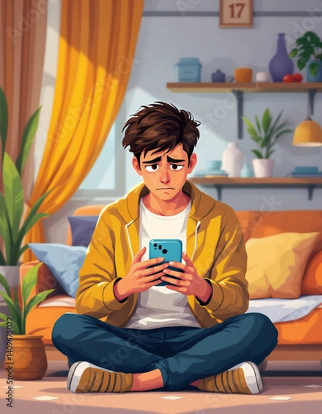 Obraz Flat illustration of sad young dark-haired boy holding smartphone in hands. Teenager scrolling feed on smartphone. Digital addiction concept, generated by AI