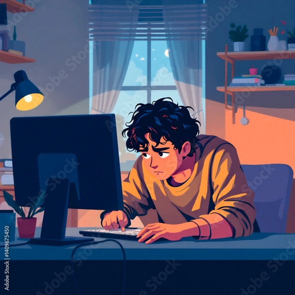 Obraz Flat illustration of sad young dark-haired boy with curls sitting at computer at night. Teenager scrolling feed. Digital addiction concept, generated by AI