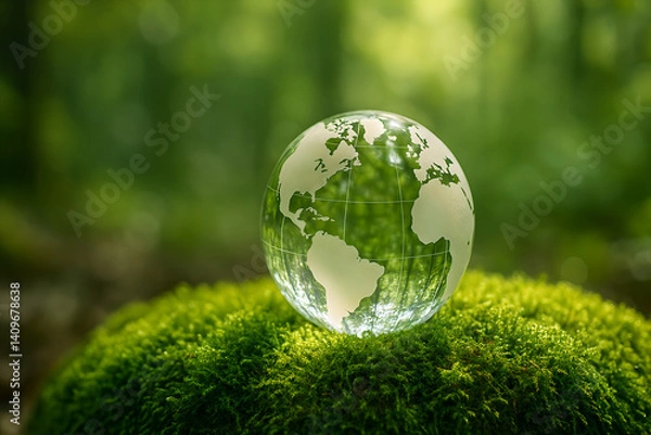 Fototapeta World in Nature's Embrace: A glass globe sits perched atop a lush bed of green moss, symbolizing Earth's precious environment, the surrounding forest.