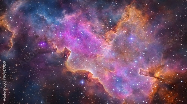 Fototapeta A vibrant and colorful nebula showcasing hues of pink, purple, and blue scattered with sparkling stars in deep space.