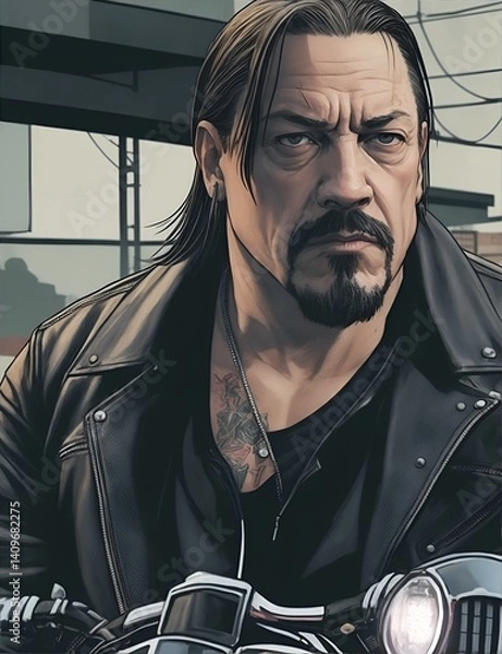 Fototapeta Brooding Biker: A man with intense gaze, embodying a fusion of rugged style, stands poised against the backdrop of an urban landscape. An artistic rendering evokes an air of mystery and introspection.