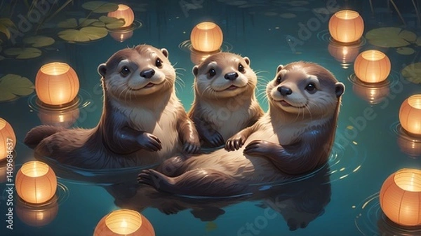 Fototapeta Otter Friends' Night: Three otters floating on water with floating lanterns, bathed in a warm glow and an atmosphere of friendship and serenity.