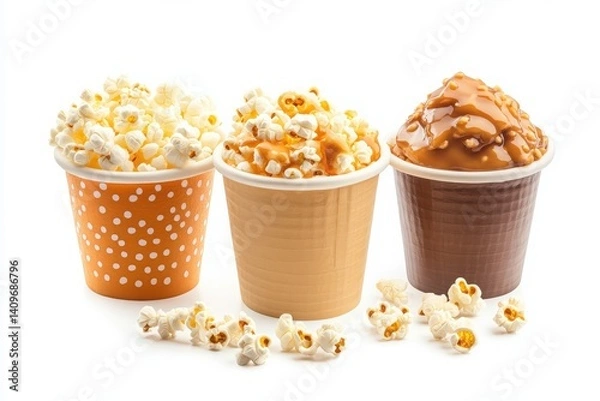Fototapeta Isolated white background featuring a popcorn tub bundle with butter and caramel.