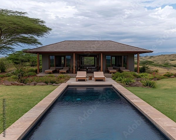 Fototapeta Safari lodge pool area, relaxing, tranquil, panoramic views