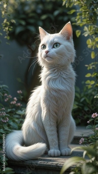 Fototapeta Elegant Cat's Contemplation: An elegant, fluffy, white cat sits gracefully in a garden setting, its eyes gazing upwards with an air of gentle curiosity. The scene evokes serenity and a touch of magic.
