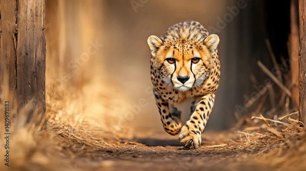 Fototapeta Exotic zoo, A cheetah running in an open field captured in high fidelity.