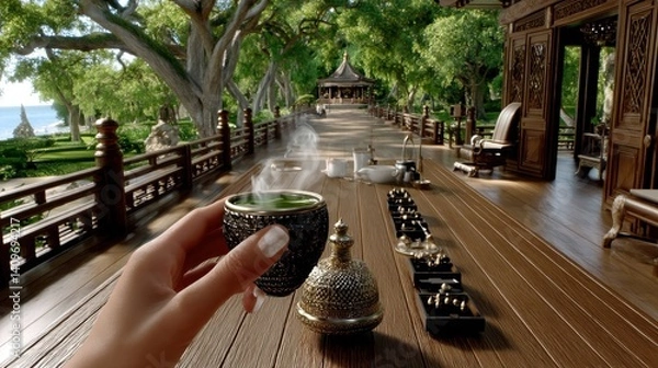 Obraz A serene tea ceremony on a wooden terrace with ornate utensils, overlooking a peaceful garden and distant ocean horizon under sunlight