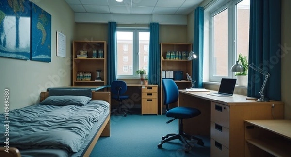Obraz quiet dormitory room with study desk and unmade bed cinematic view background 