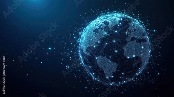 Fototapeta Global network connection, digital earth, glowing lines, dark background, data visualization