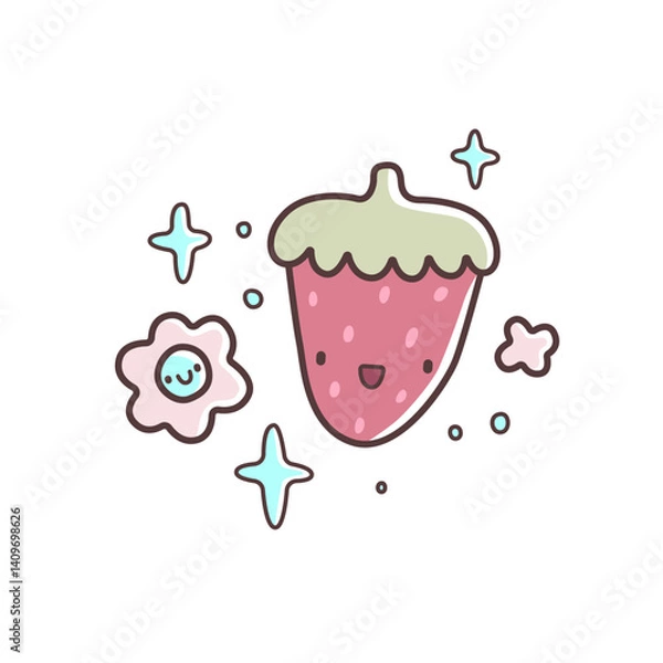 Fototapeta Cute cartoon strawberry character with smiling face, surrounded by pastel stars and flowers. Hand-drawn vector illustration in kawaii style with playful and cheerful vibe.