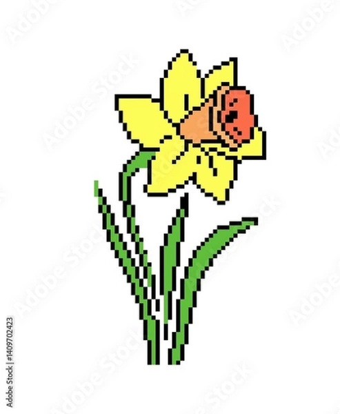 Obraz Narcissus flower in pixel art, 8 bit. accessory for video game. scheme for knitting, embroidery and children's creativity