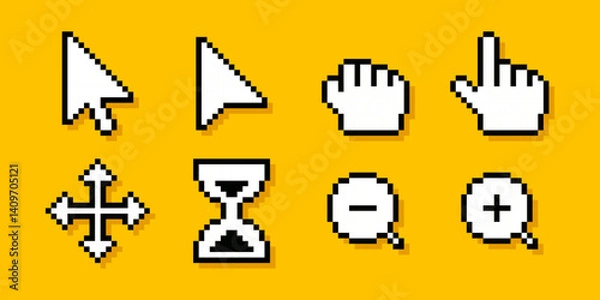 Obraz Pixel cursor pointers. Set of 8 bit computer mouse cursor pointers. Pointer hand, hourglass, arrows, magnifier.