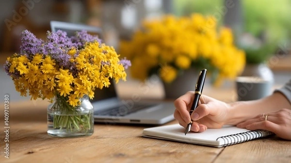 Fototapeta Writing on a notepad at a wooden desk with flowers and a laptop, a lifestyle shot