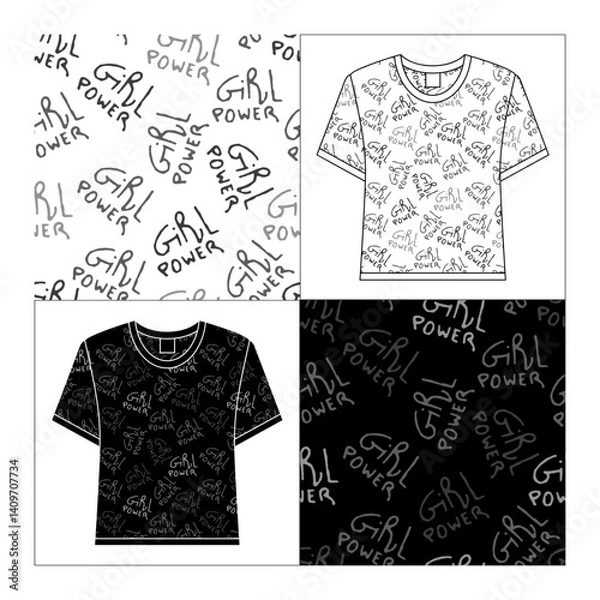 Fototapeta Seamless t-shirt print with repeated hand-written 'Girl Power' quote, black and white background versions. Feminist fashion.