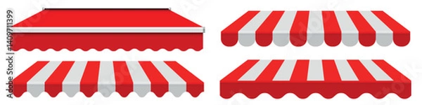 Obraz Striped store sunshade awning, shop canopy collection. 3D realistic vector illustration