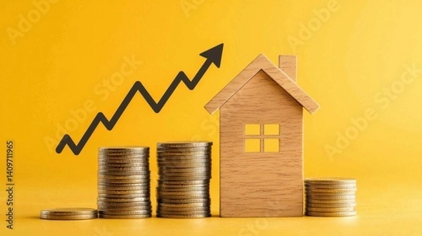 Fototapeta Stack of coins with a wooden house icon and an ascending trend line, symbolizing real estate investment, financial stability, and property growth.