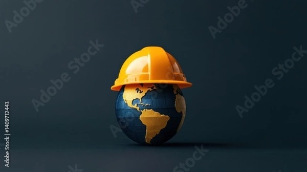 Fototapeta Symbolic representation of labor safety and health--a globe donning a hard hat and protective mask, showcasing unity in global workforces.