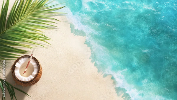 Fototapeta Fondo abstracto de verano visto desde arriba de una playa con arena blanca, mar azul turquesa , hoja de palmera y un coctel con un coco y pajita. Concepto viajes, verano, relax