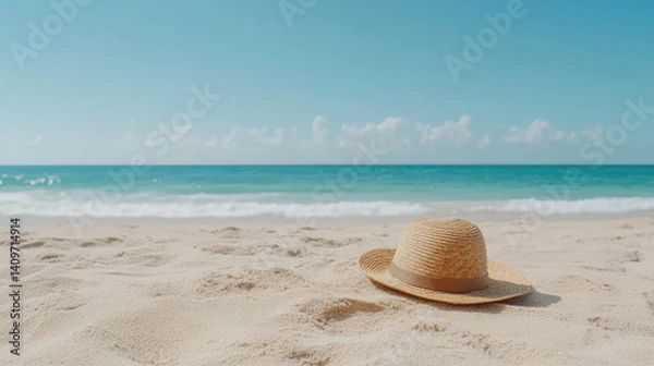 Fototapeta straw hat rests on sandy beach, inviting relaxation by ocean waves
