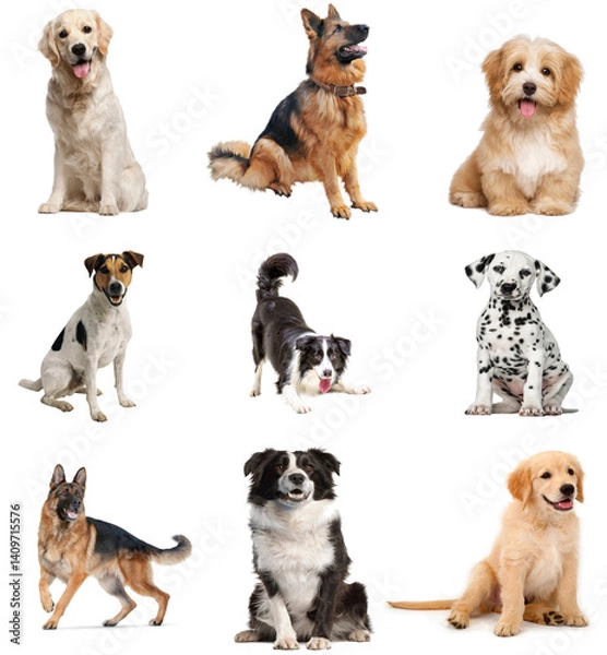 Fototapeta Set of Editable Dog PNG with Transparent Background. Nine Different Dog Breeds Isolated
