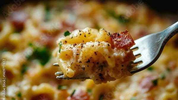Obraz Creamy pasta dish served on a fork with savory toppings in a cozy kitchen