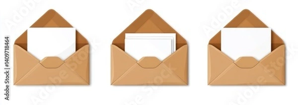 Fototapeta Three brown envelopes each containing white paper on display