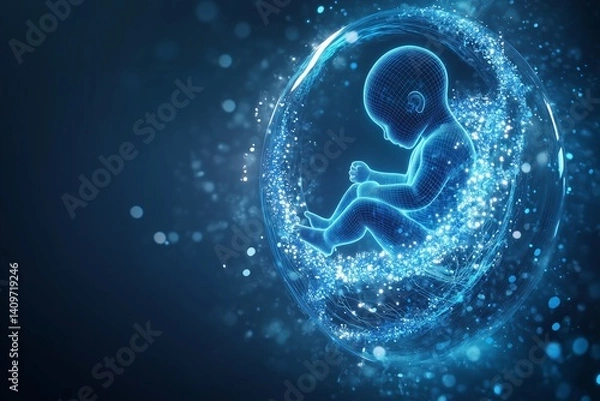 Fototapeta Wireframe fetus growing inside a protective energy ball, representing pregnancy and childbirth