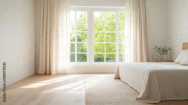 Fototapeta Bright room with large windows, soft curtains, and cozy bed, creating serene atmosphere