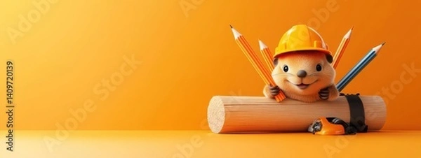 Obraz Charming beaver joyfully stacking giant pencils for a school project Generative AI