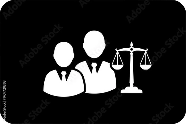 Fototapeta Law and Justice Icon: A bold and minimalist icon depicting a lawyer with a scale of justice. The simple, black-and-white design conveys a sense of authority and legal representation.