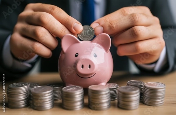 Fototapeta Person inserting coin into piggy bank with stacked coins