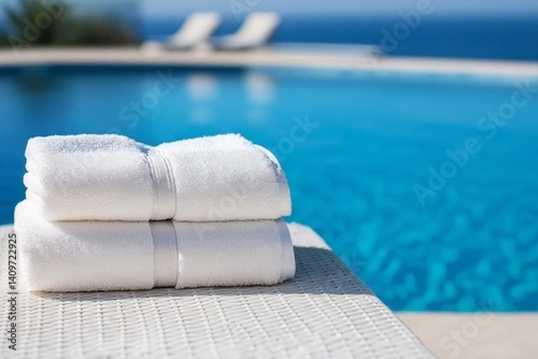 Obraz Folded white towels on wicker lounge by outdoor pool