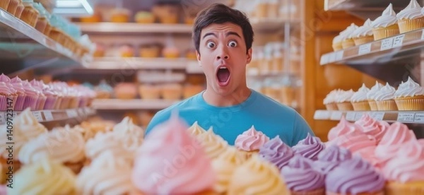 Obraz Surprised man looking at colorful cupcakes in bakery