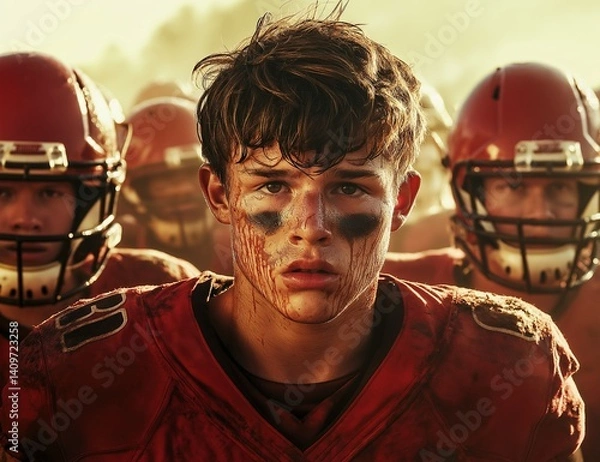Obraz Intense young football player with dirty face and teammates