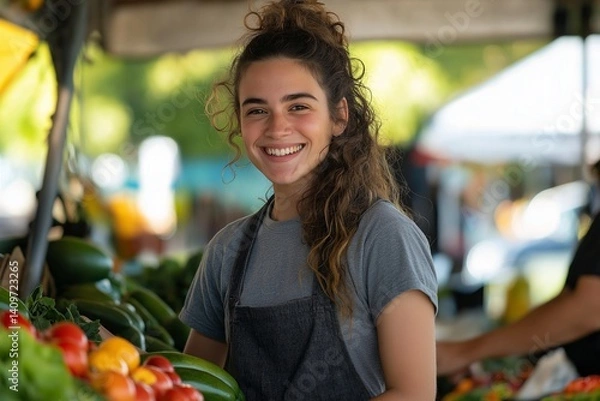 Obraz Smiling young woman at outdoor produce stand