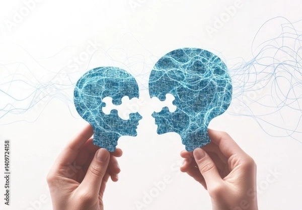 Fototapeta Two puzzle pieces of human heads, symbolizing connection and collaboration, held by hands.  Abstract design with interconnected neural pathways