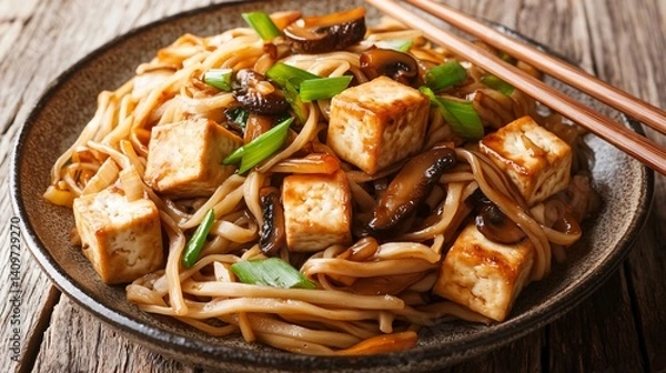 Fototapeta Tofu stir-fried with soba noodles, mushrooms, spring onions, served with chopsticks on rustic plate