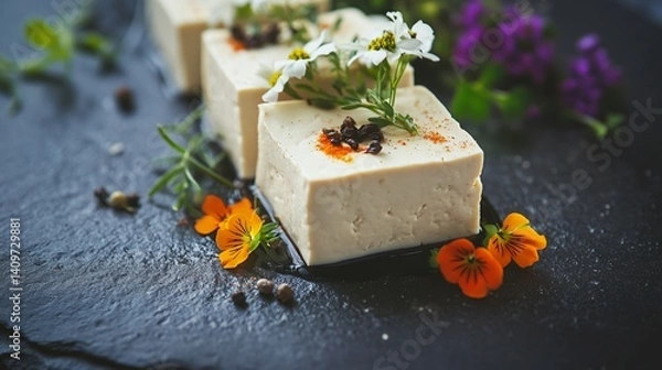 Fototapeta Tofu with edible flowers and herbs on stone surface, styled like a modern still life
