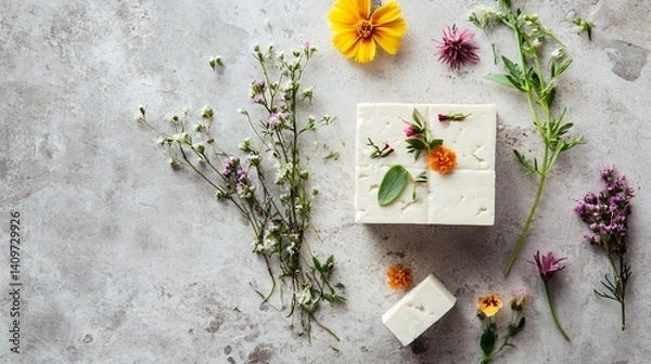 Fototapeta Tofu with edible flowers and herbs on stone surface, styled like a modern still life