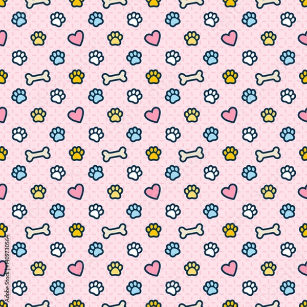 Obraz cheerful seamless vector pattern, colorful pet-themed symbols paws, bones, hearts. Ideal for pet products, wrapping paper, textiles, or digital backgrounds with a fun and loving vibe, pet care concept