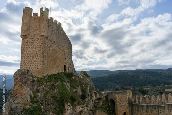 Obraz Panoramic view of the keep in the medieval castle of Frias at sunset