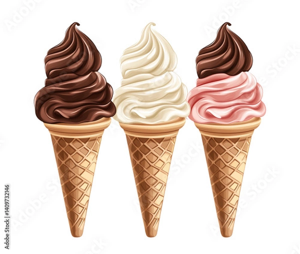Fototapeta Three ice cream cones with different flavors isolated on a transparent background