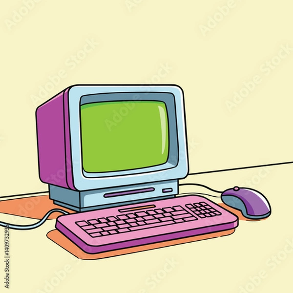 Fototapeta An old computer with a pink keyboard, and mouse, set on a vintage yellow background.