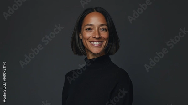 Fototapeta Portrait of a smiling middle-aged woman, business portrait in noble gray tones, a woman with a bob haircut, smiling happily and openly and looking into the frame