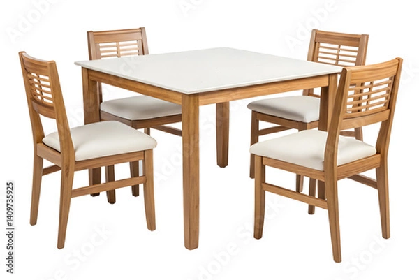 Fototapeta Contemporary Cafe Table with Four White and Brown Chairs and Wine Glasses.