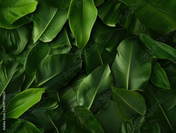 Fototapeta Tropical greenery overlapping banana leaves nature close-up lush environment top-down view vibrant concept for relaxation and calm