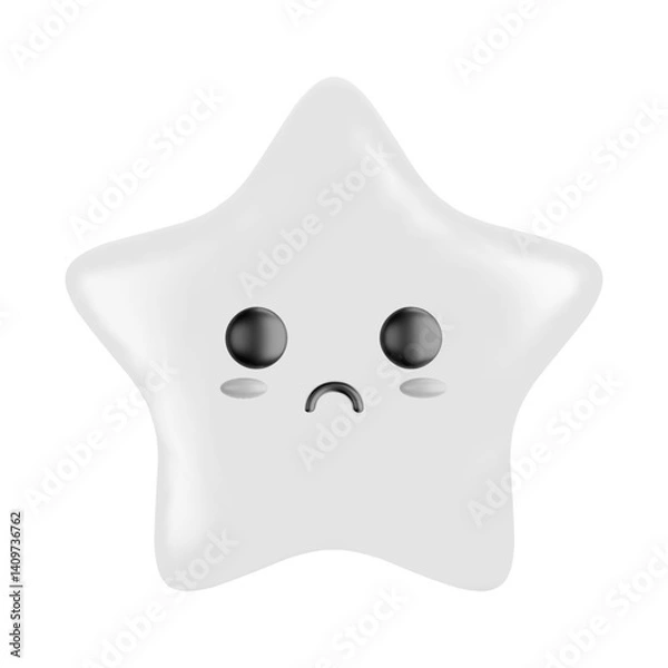 Obraz 3D cartoon white star emoticon character with sad facial expression isolated on a white background. Concept for mental health, mood, empathy, communication, childish. Vector illustration of 3d render.